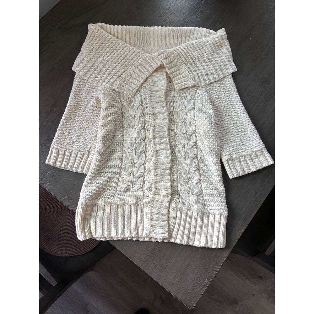 Express Ivory Cable Knit Short Sleeve Cardigan Shawl Collar Sweater M Neutral